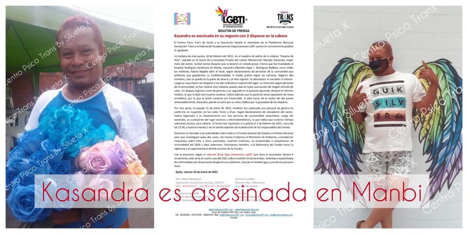 Mujer trans (Kasandra) es asesinada en su trabajo con 2 disparos en la cabeza Mujer Trans Kasandra Es Asesinada En Su Trabajo Con 2 Disparos En La Cabeza Asoc. Silueta X Centro Psico Trans Federacion Ecuatoriana De Otganizaciones Lgbtiq Plataforma Revolucion Trans 1