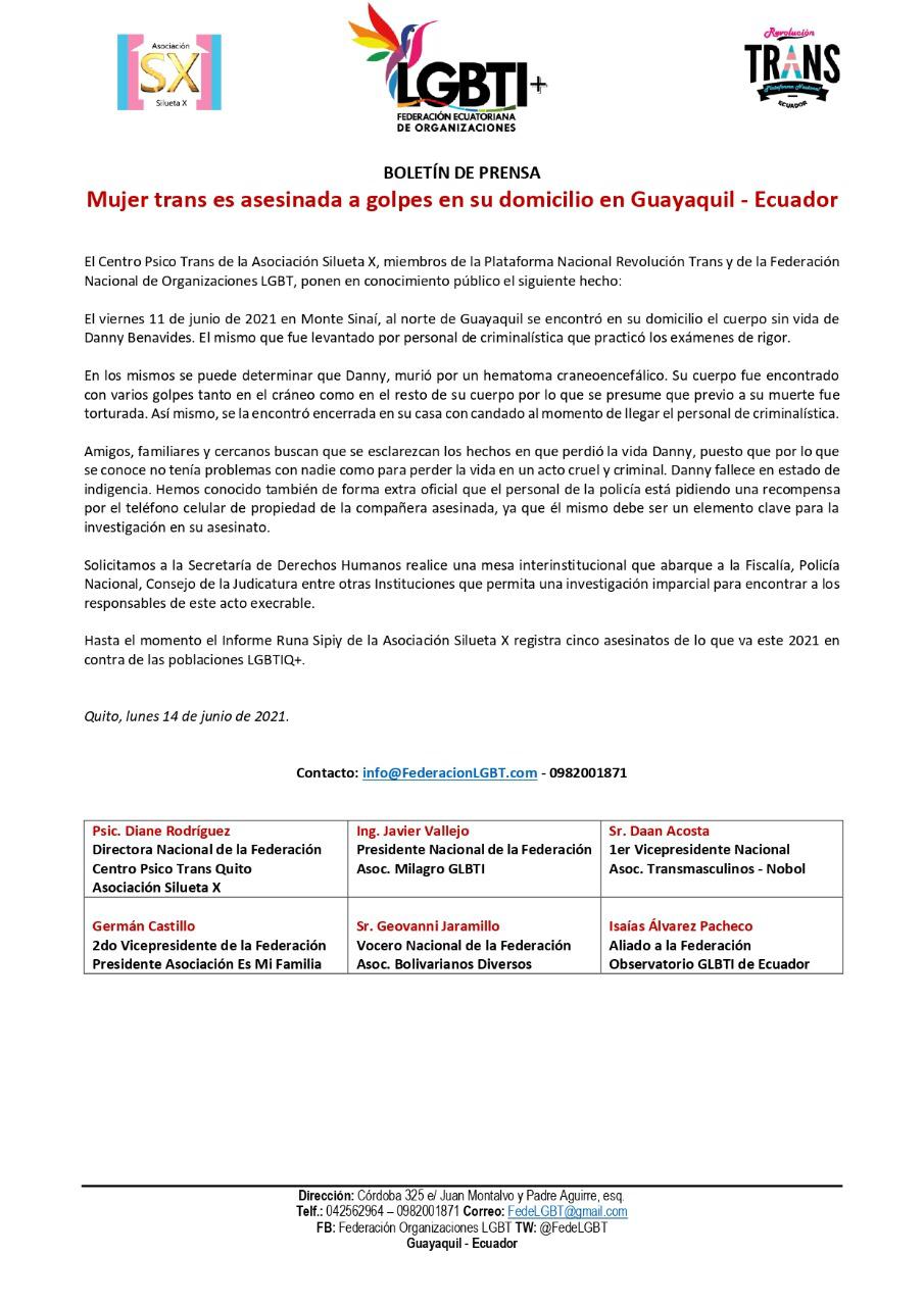 Boletin De Prensa Mujer Trans Es Asesinada A Golpes En Su Domicilio En Guayaquil Ecuador Federacion Ecuatoriana De Organizaciones Lgbti Asociacion Silueta X Centro Psico Trans Plataform