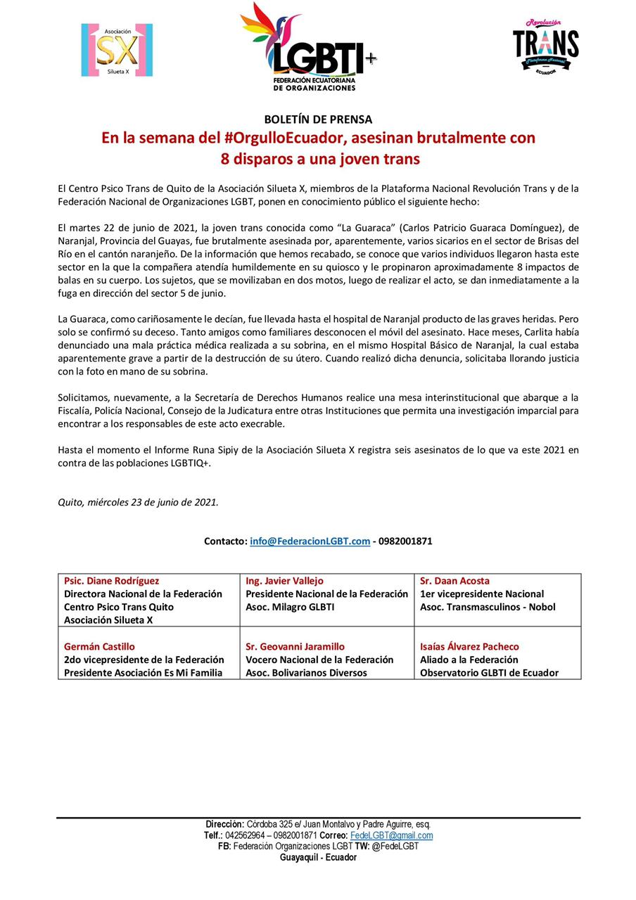 En La Semana Del Orgulloecuador Asesinan Brutalmente Con 8 Disparos A Una Joven Trans Centro Psico Trans 1