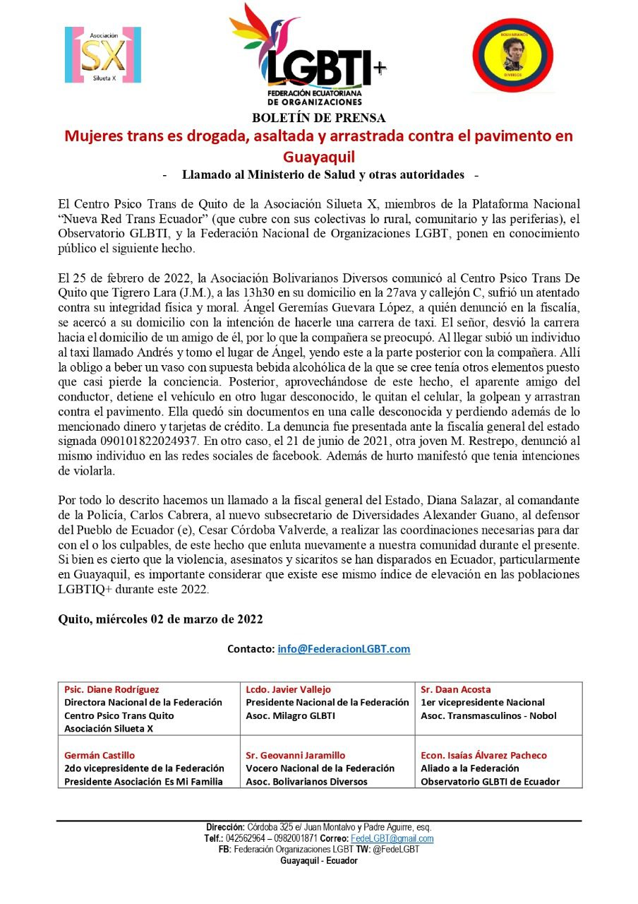 Boletin De Prensa Mujeres Trans Es Drogada Asaltada Y Arrastrada Contra El Pavimento En Guayaquil Centro Psico Trans 1
