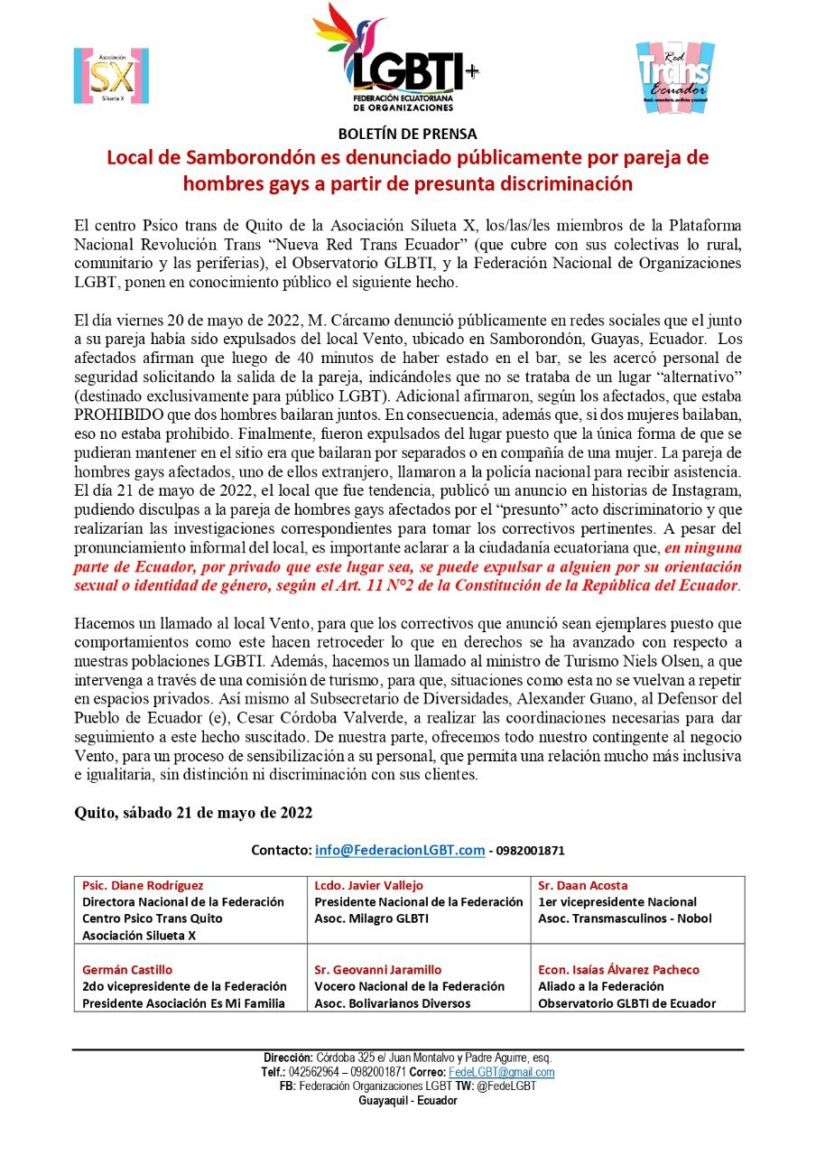 BOLETÍN DE PRENSA, Local de Samborondón es denunciado públicamente por pareja de hombres gays a partir de presunta discriminación Whatsapp Image 2022 05 21 At 4.06.38 Pm