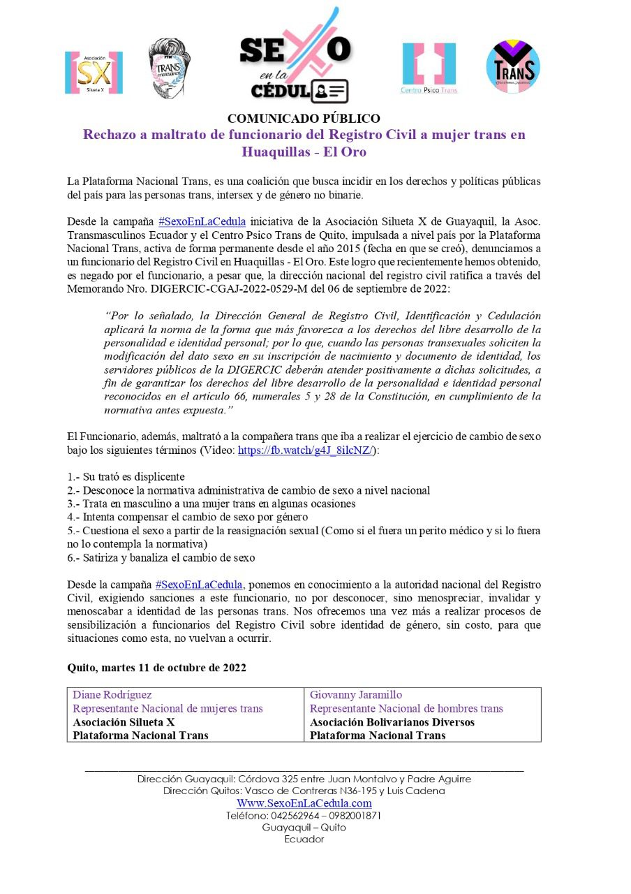 Rechazo A Maltrato De Funcionario Del Registro Civil A Mujer Trans En Huaquillas El Oro