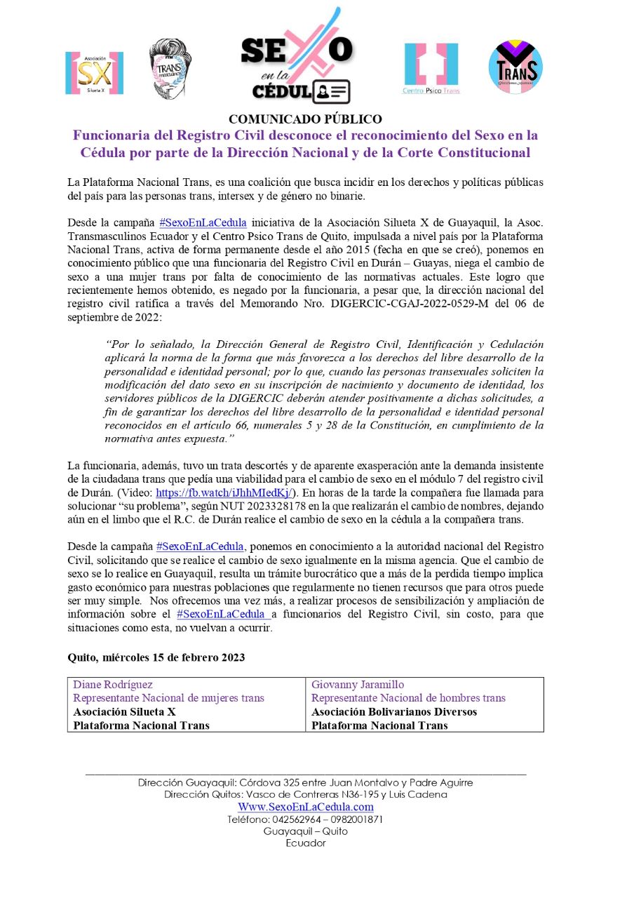 Comunicado Publico Funcionaria Del Registro Civil Desconoce El Reconocimiento Del Sexo En La Cedula Por Parte De La Direccion Nacional Y De La Corte Constitucional