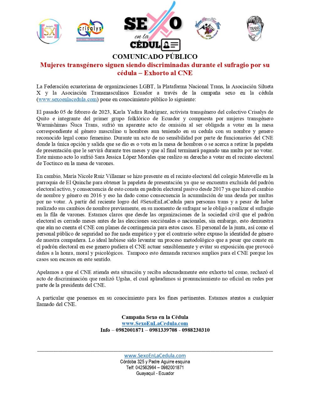 Comunicado Publico Mujeres Transgenero Siguen Siendo Discriminadas Durante El Sufragio Por Su Cedula E28093 Exhorto Al Cne 1