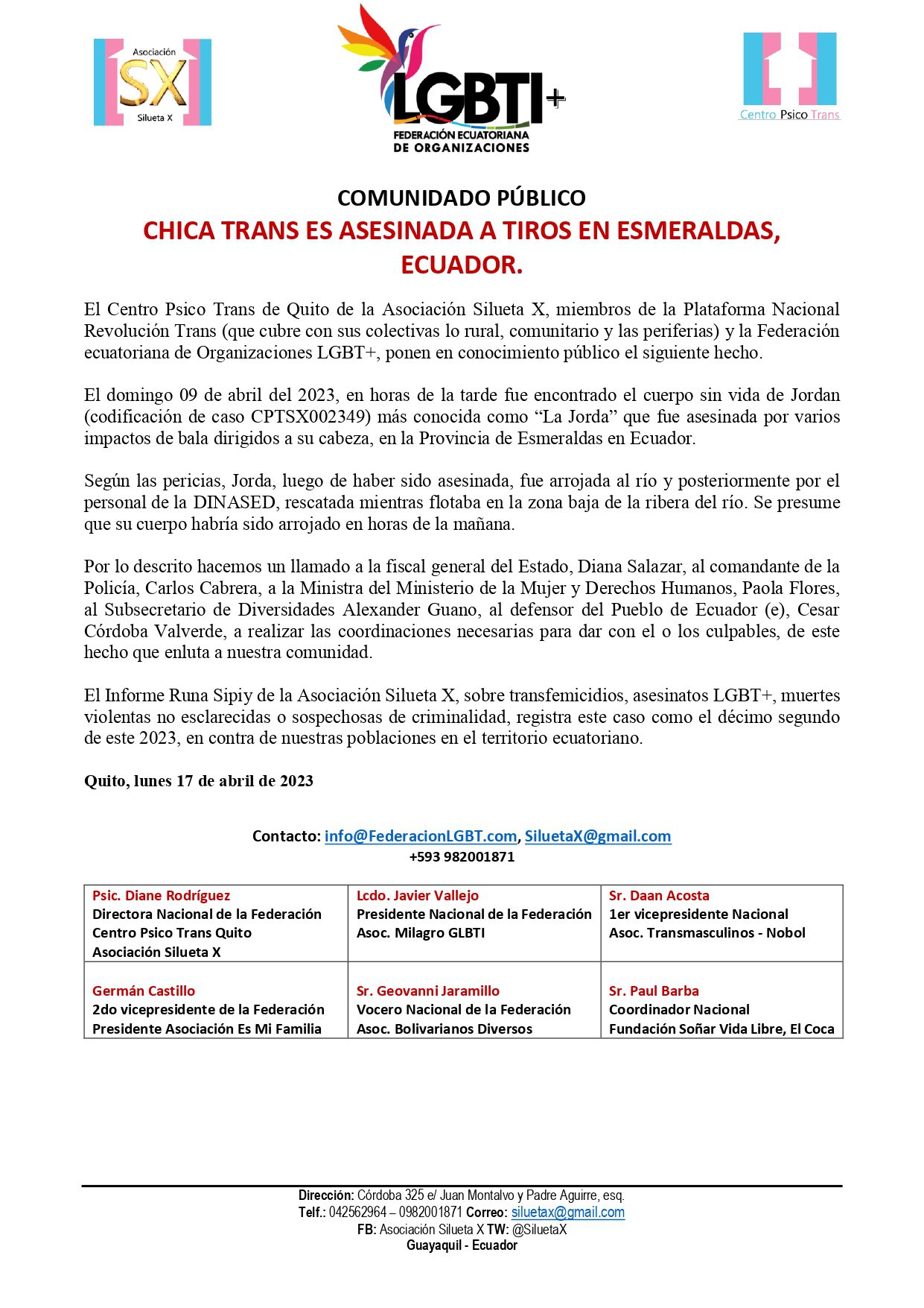 BOLETÍN DE PRENSA: CHICA TRANS ES ASESINADA A TIROS EN ESMERALDAS, ECUADOR. Chica Trans Es Asesinada A Tiros En Esmeraldas Ecuador. Page 0001