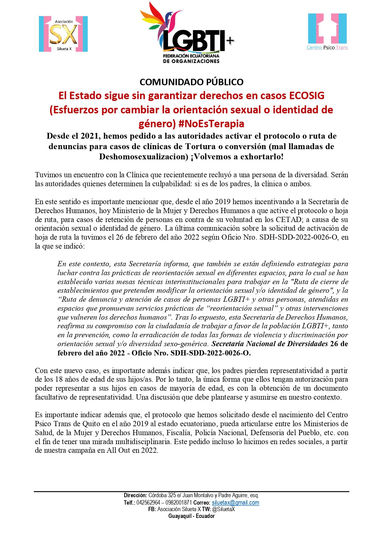 COMUNIDADO PÚBLICO: El Estado sigue sin garantizar derechos en casos ECOSIG (Esfuerzos por cambiar la orientación sexual o identidad de género) #NoEsTerapia Comunicado El Estado Sigue Sin Garantizar Derechos En Casos Ecosig Esfuerzos Por Cambiar La Orientacion Sexual O Ide Page 0001