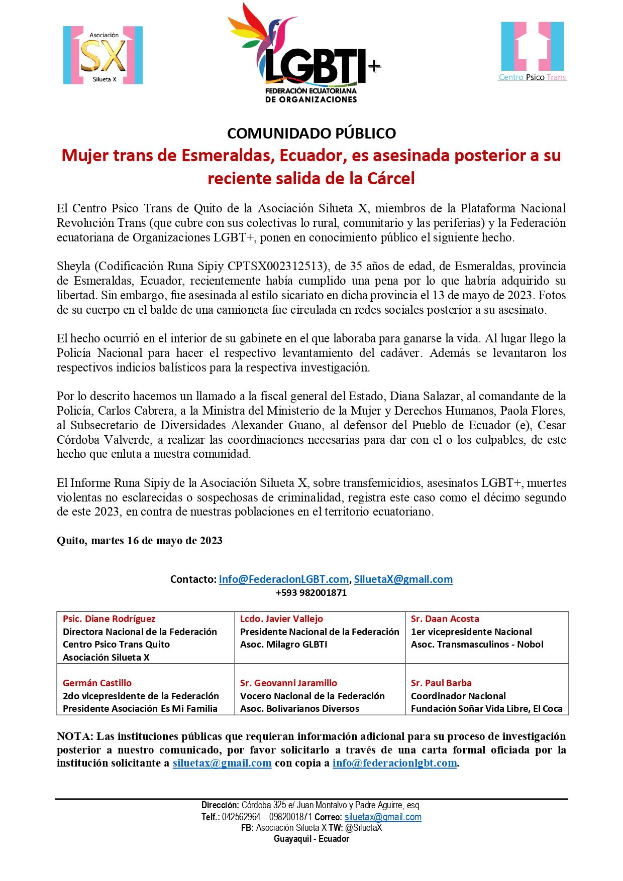Comunicado Mujer Trans De Esmeraldas Ecuador Es Asesinada Posterior A Su Reciente Salida De La Carcel Page 0001