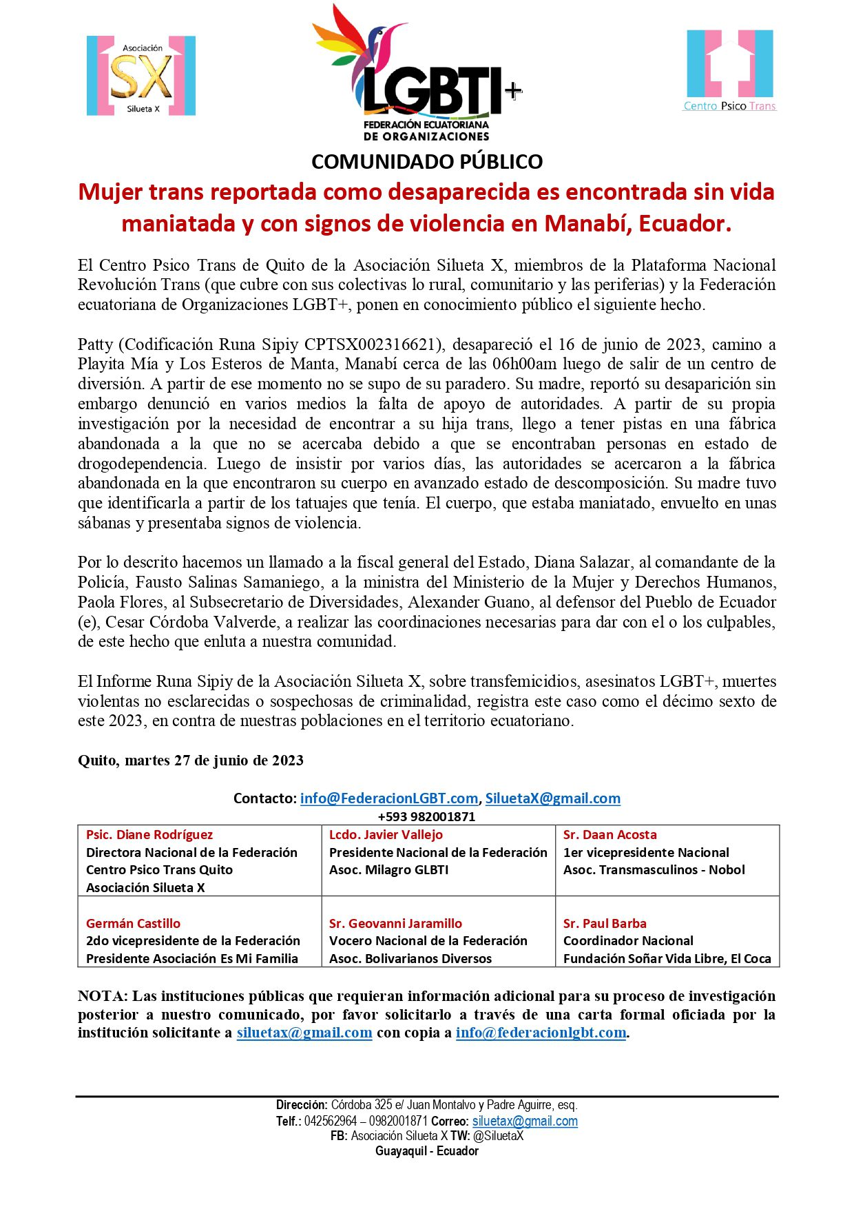 Mujer Trans Reportada Como Desaparecida Es Encontrada Sin Vida Maniatada Y Con Signos De Violencia En Manabi Ecuador Page 0001