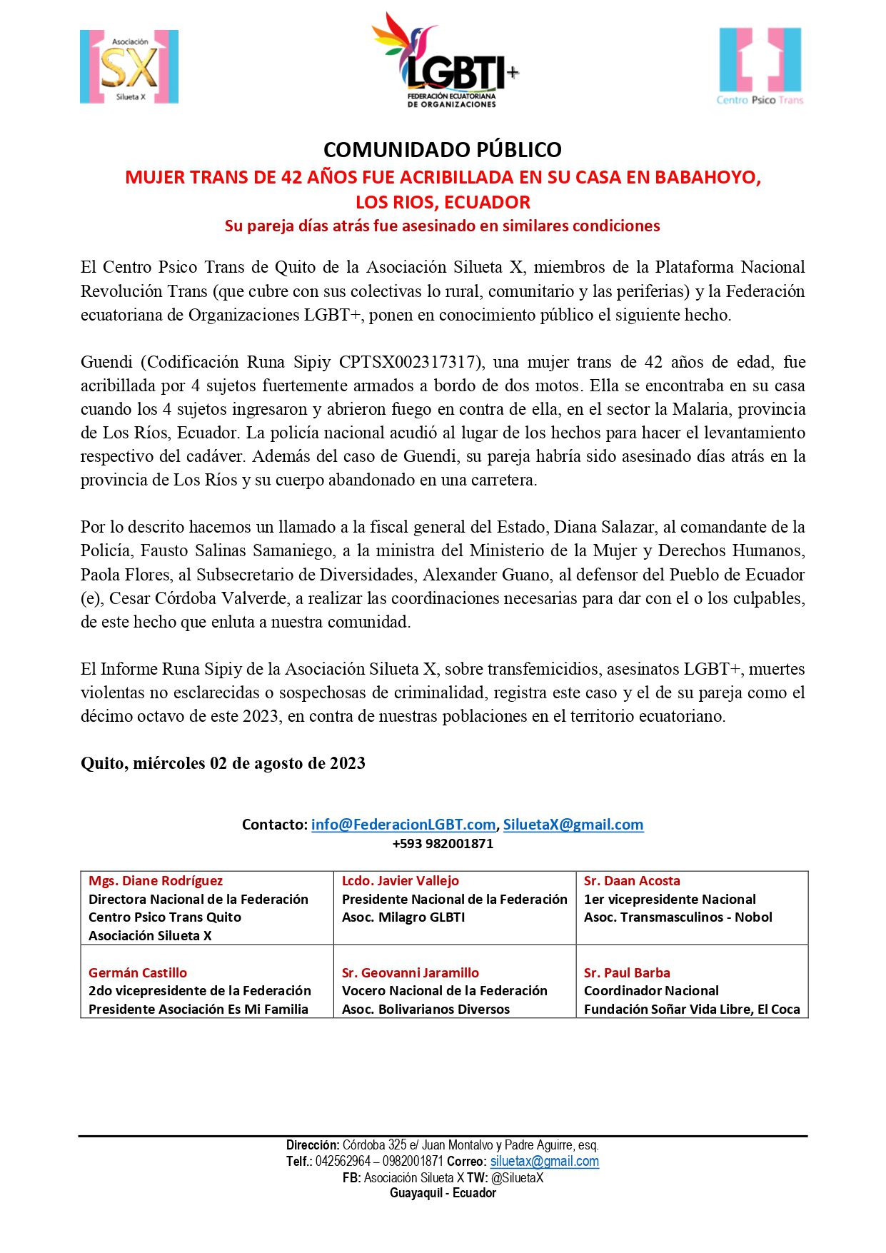 MUJER TRANS DE 42 AÑOS FUE ACRIBILLADA EN SU CASA EN BABAHOYO,LOS RIOS, ECUADOR. Comunicado Asesinan A Mujer Trans Y A Su Pareja En La Provincia De Los Rios Ecuador Page 0001