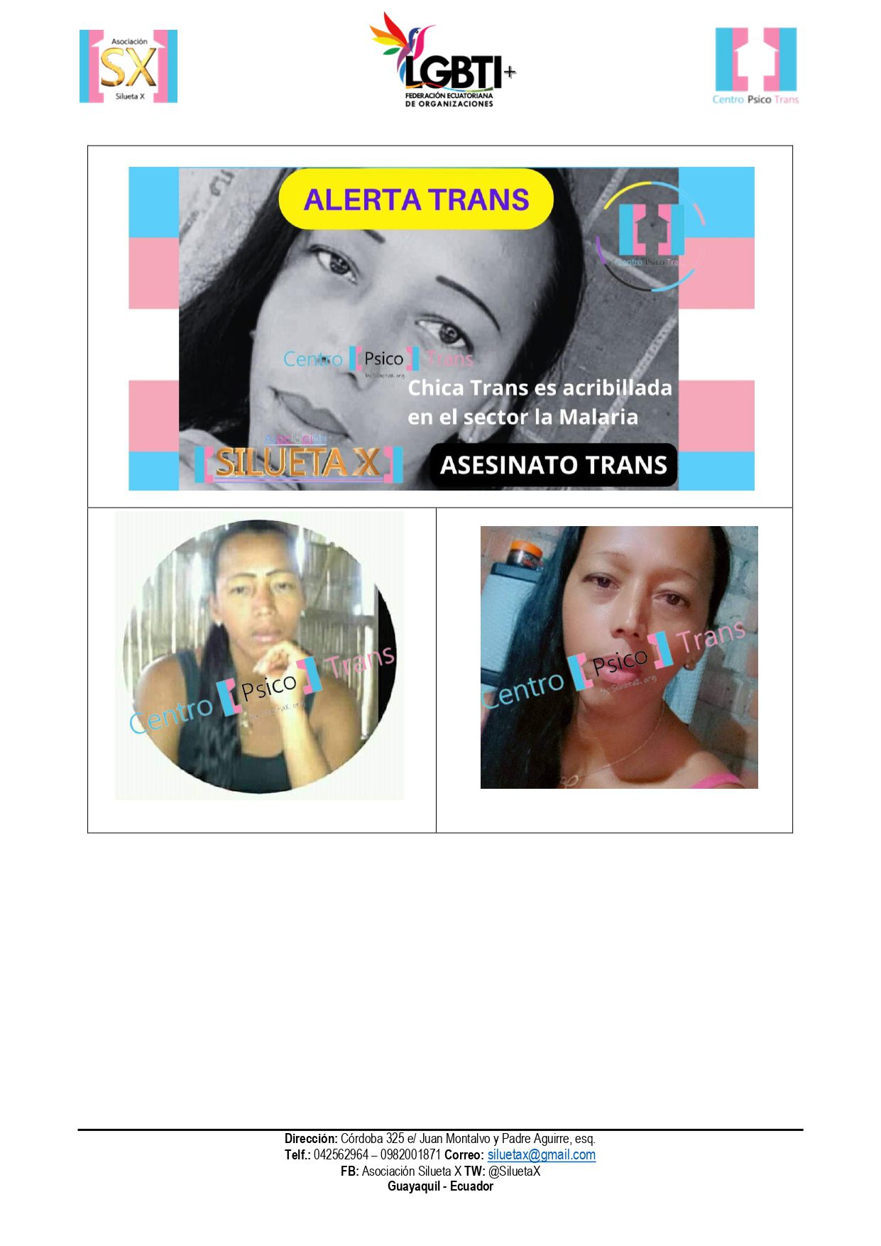 MUJER TRANS DE 42 AÑOS FUE ACRIBILLADA EN SU CASA EN BABAHOYO,LOS RIOS, ECUADOR. Comunicado Asesinan A Mujer Trans Y A Su Pareja En La Provincia De Los Rios Ecuador Page 0003
