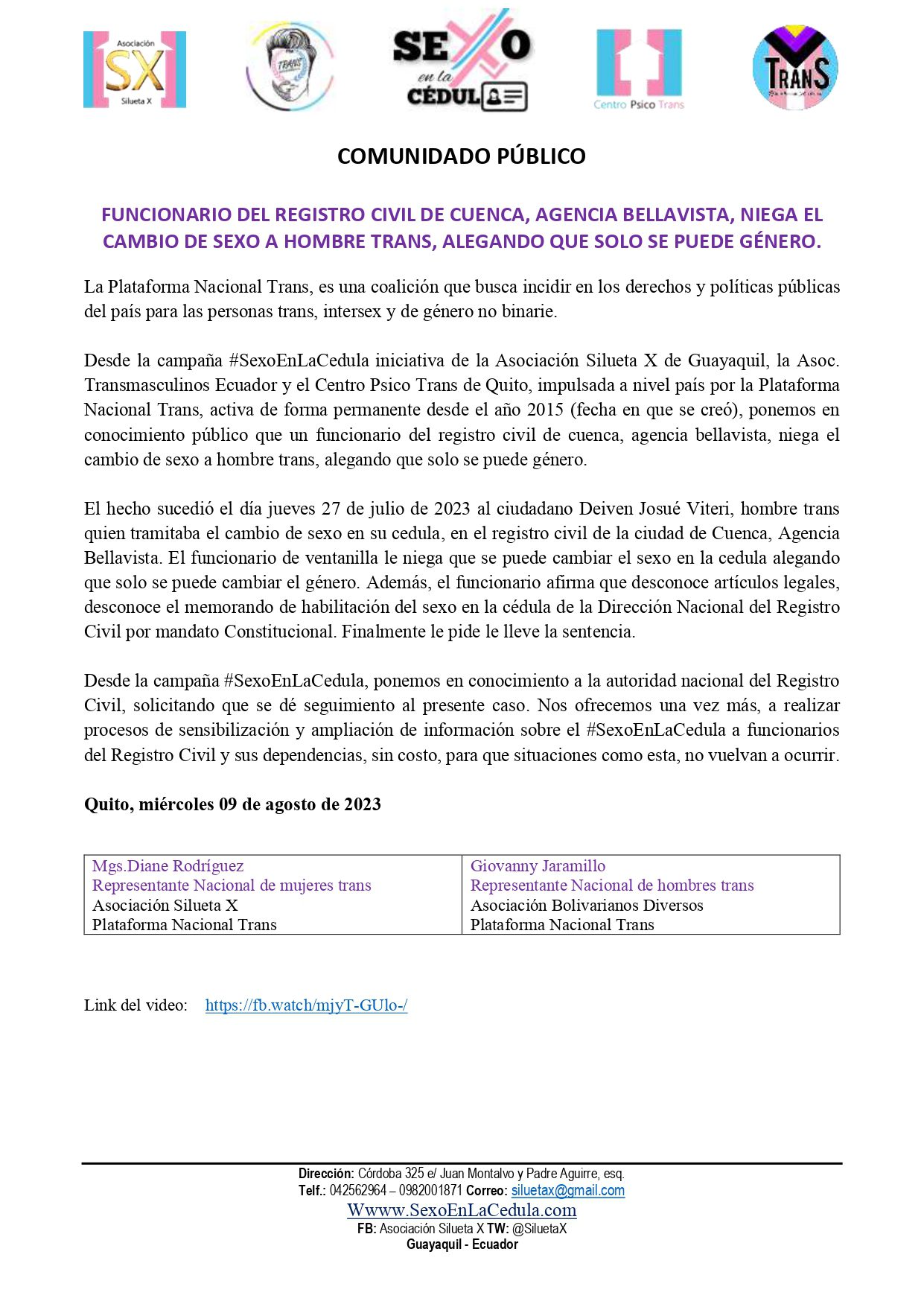 Funcionario Del Registro Civil De Cuenca Agencia Bellavista Niega El Cambio De Sexo A Hombre Trans Alegando Que Solo Se Puede Genero. Page 0001
