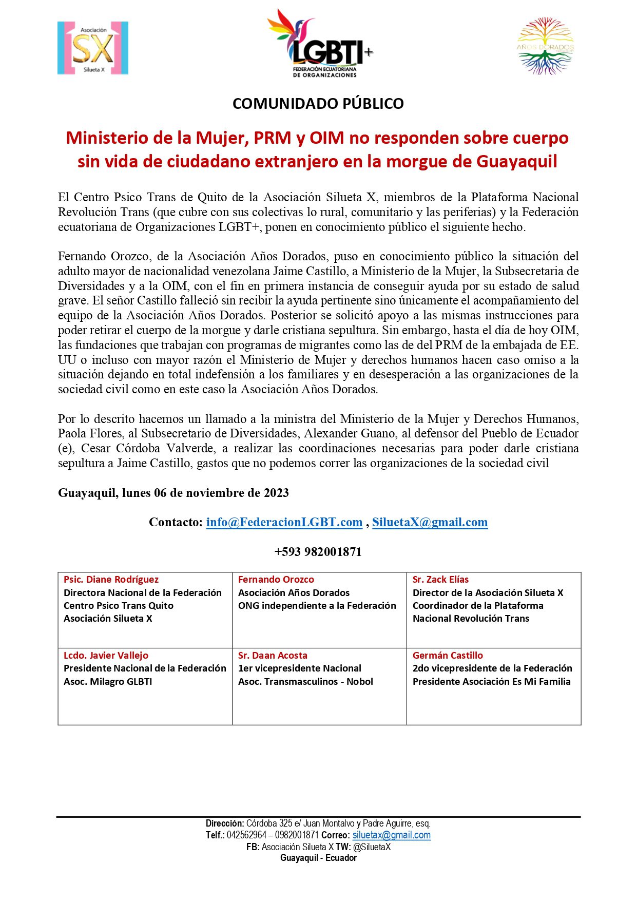 Ministerio de la Mujer, PRM y OIM no responden sobre cuerpo sin vida de ciudadano extranjero en la morgue de Guayaquil Comunicado Ministerio De La Mujer Prm Y Oim No Responden Sobre Cuerpo Sin Vida De Ciudadano Extranjero En La Morgue De Guayaquil Page 0001