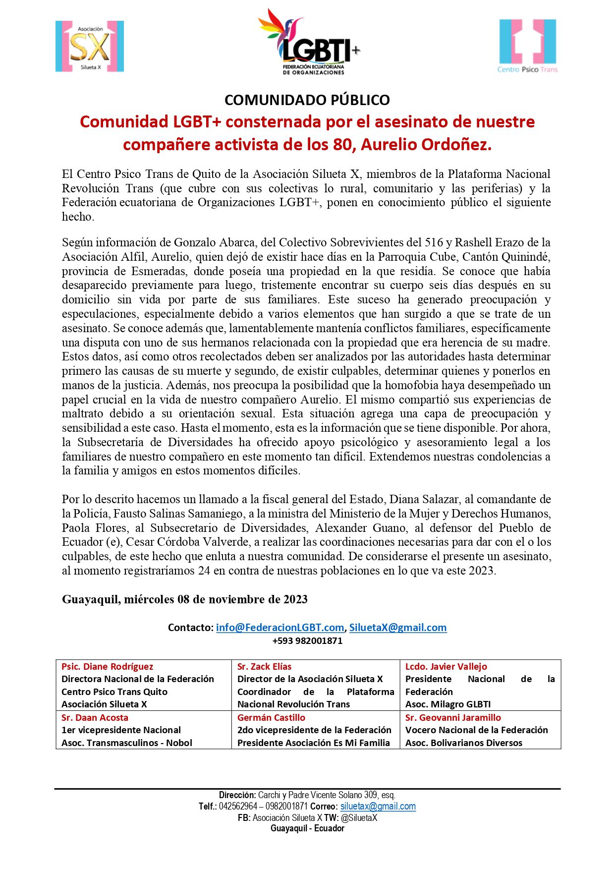 Comunidad LGBT+ consternada por el asesinato de nuestre compañere activista de los 80, Aurelio Ordoñez. Comunidado Publico Comunidad Lgbt Consternados Por El Asesinato De Nuestro Companero Activista Page 0001