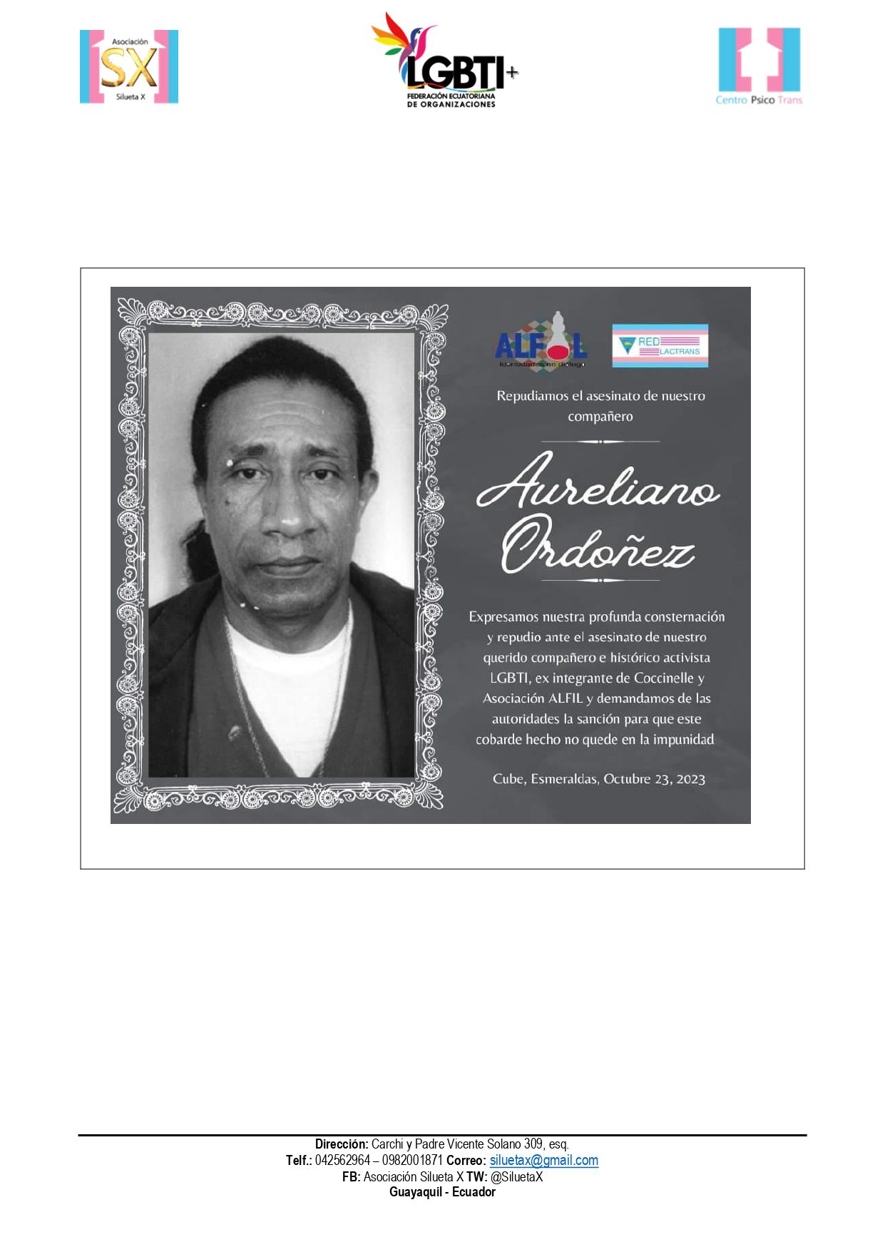 Comunidad LGBT+ consternada por el asesinato de nuestre compañere activista de los 80, Aurelio Ordoñez. Comunidado Publico Comunidad Lgbt Consternados Por El Asesinato De Nuestro Companero Activista Page 0003